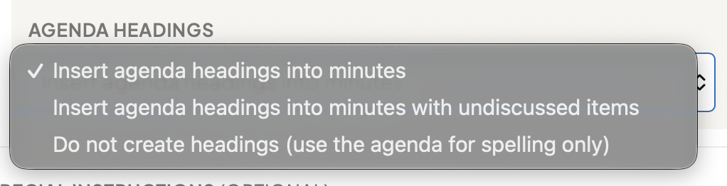 MuniMins AgendaMatch Options Screenshot of AgendaMatch Dropdown Options