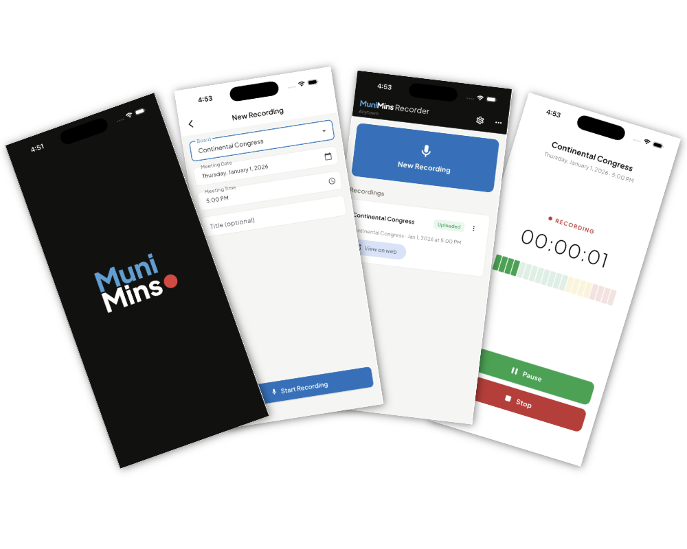 MuniMins Recorder iOS app on iPhone — splash screen, new recording form, and active recording with timer